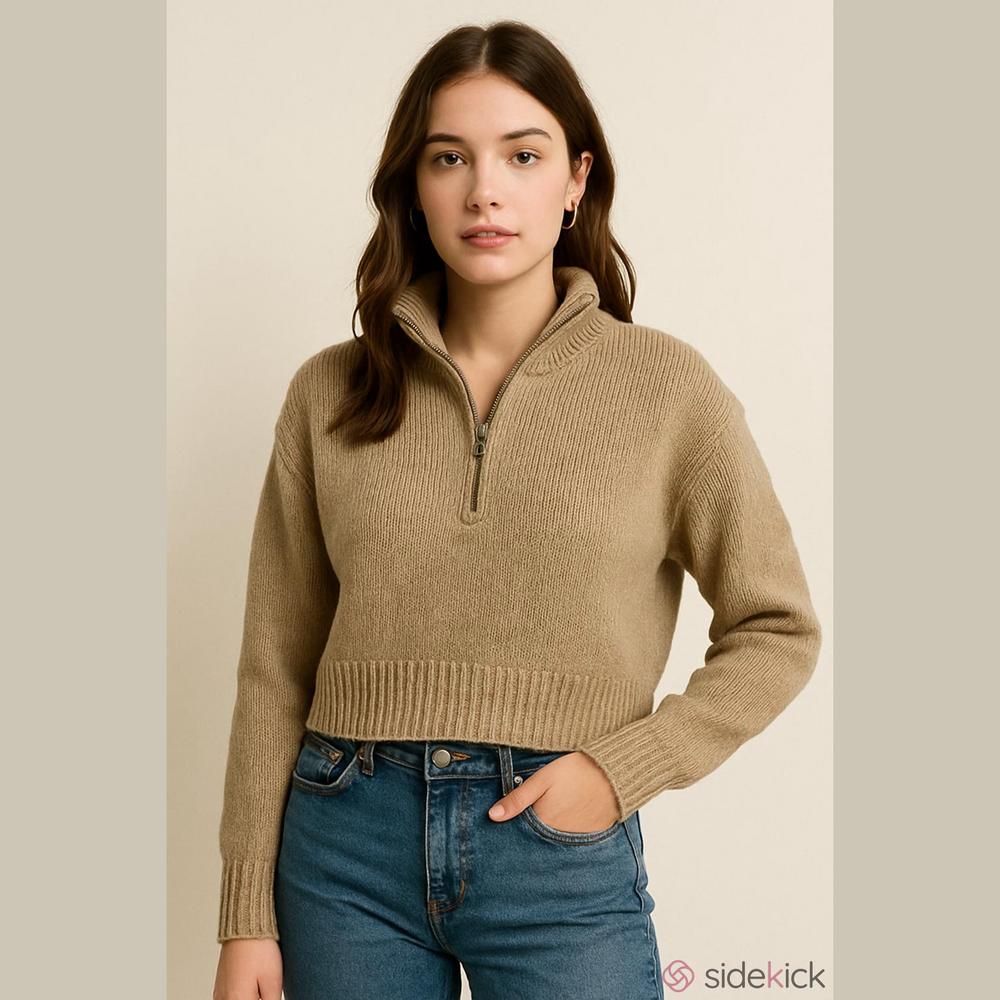 Cupcake Boutique Camel Knit Quarter Zip Cropped Small